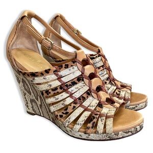 Cole Haan Y2K Tan Animal Print Leather Platform Wedge Sandals Gladiator Cage 8B